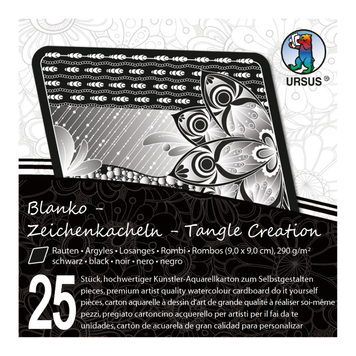 Zeichenkacheln "Tangle Creation" Raute 9 x 9 cm schwarz - 25 Kacheln mit Box