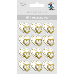 Mini Accessoires, weiß-goldene Herzen mit DREI kleinen Dekosteinchen, 12 Stück