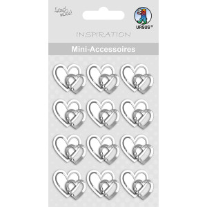 Mini Accessoires, weiß-silberne Herzen mit DREI kleinen Dekosteinchen, 12 Stück