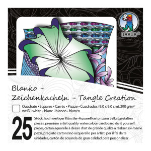 Zeichenkacheln "Tangle Creation" Quadrat 9 x 9 cm hochweiß - 25 Kacheln mit Box