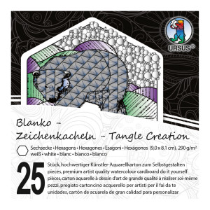 Zeichenkacheln "Tangle Creation" Sechseck 9 x 9 cm hochweiß - 25 Kacheln mit Box